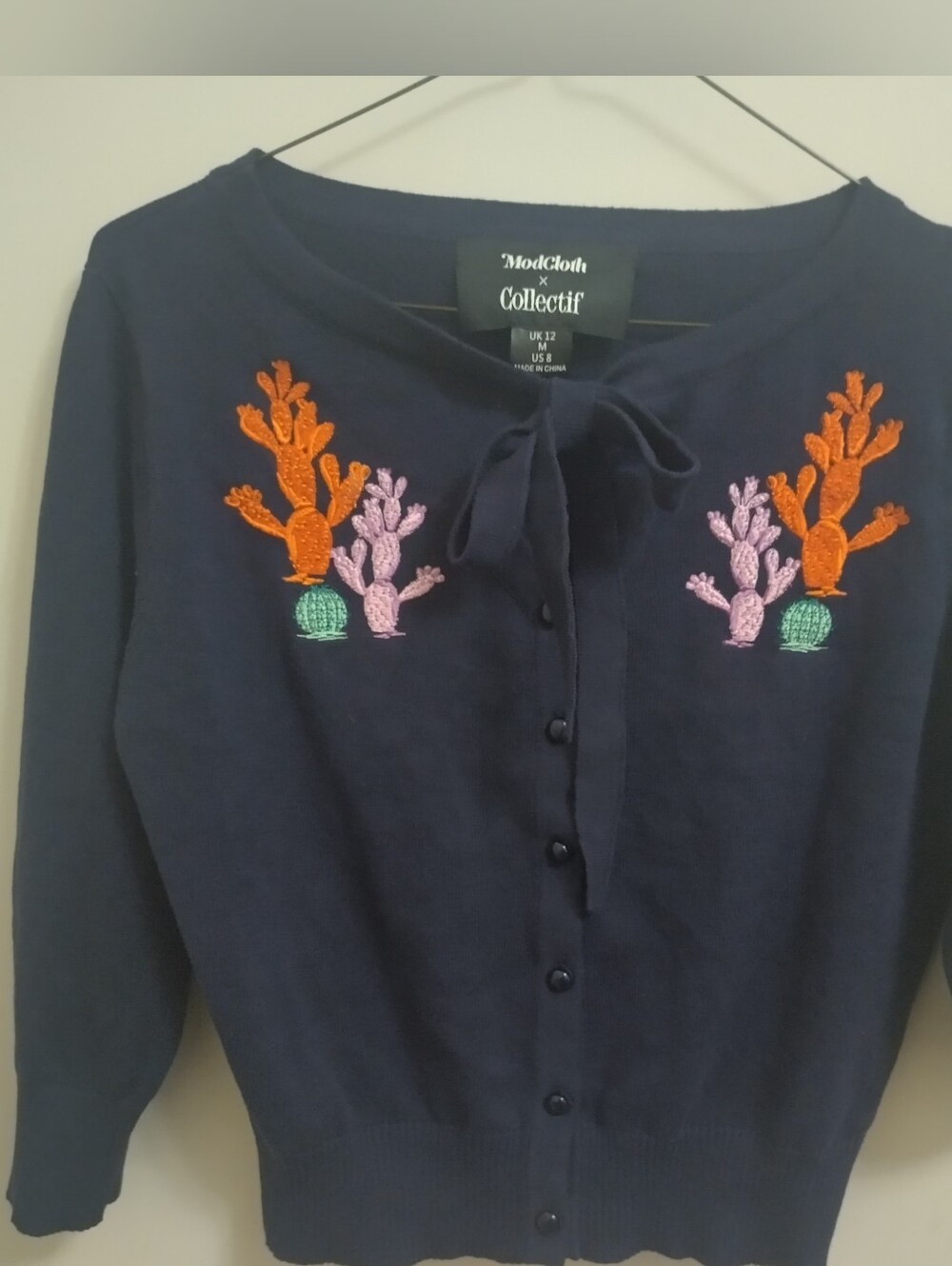 ModCloth x Collectif Navy Cardigan, Embroidered Cactus, Sz M / US 8